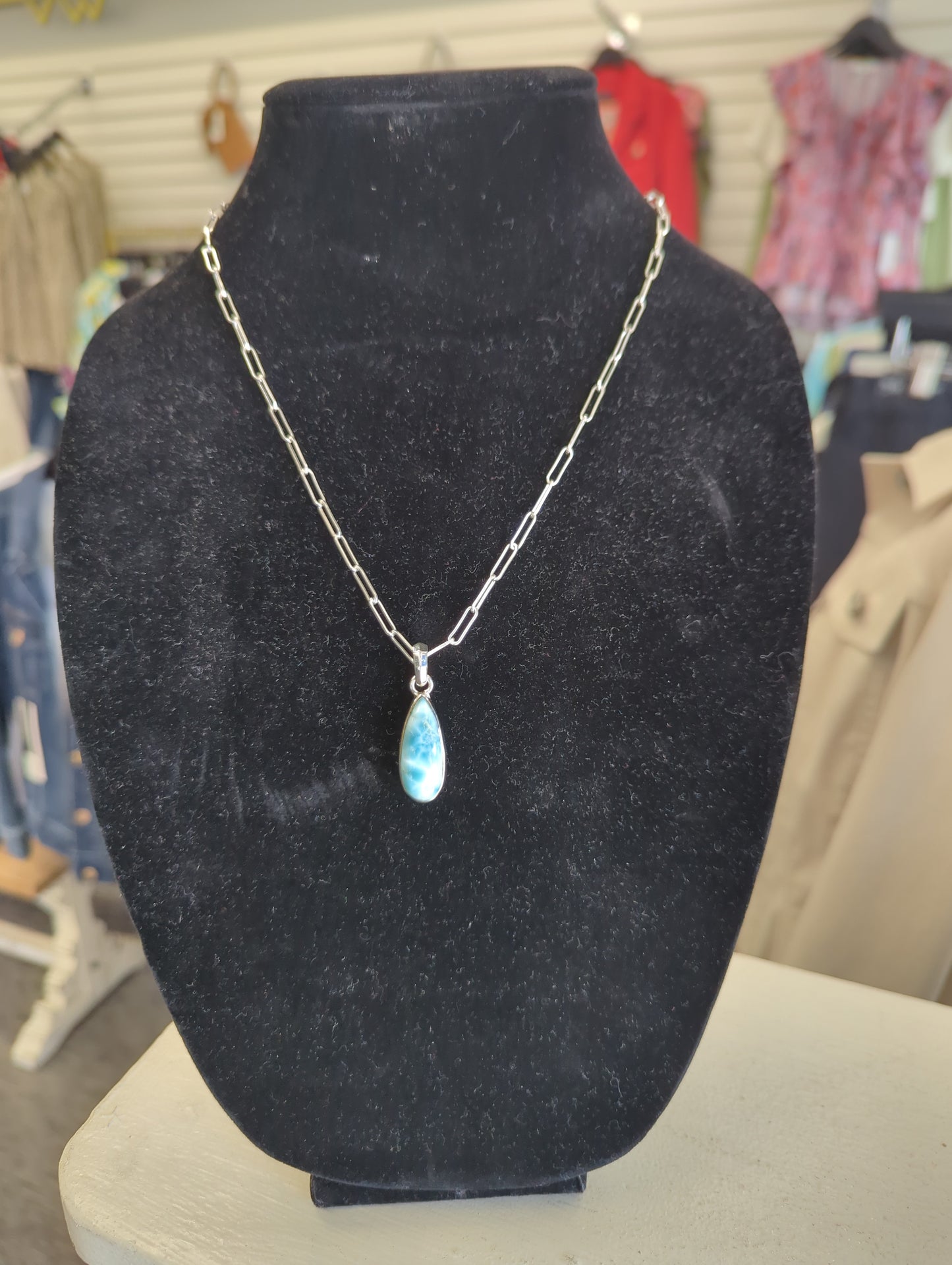Tear Drop Larimar Pendant on a 20" Silver Chain