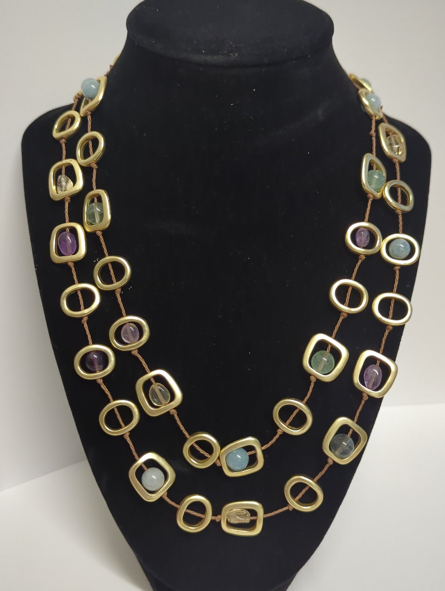 SEA LILY GOLD GEO NECKLACE ON TWINE WITH NATURAL STONES