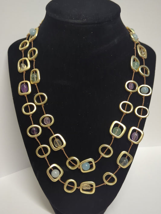 SEA LILY GOLD GEO NECKLACE ON TWINE WITH NATURAL STONES