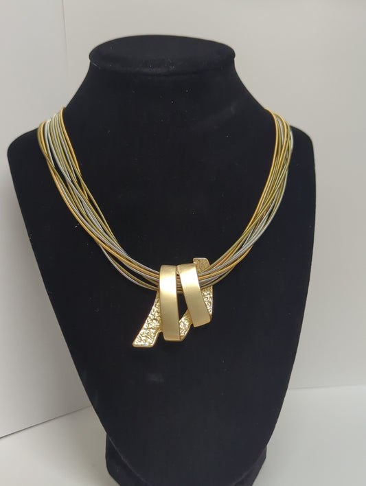 SEA LILY SHORT SILVER, BRONZE AND GOLD MULTI STRAND NECKLACE WITH HAMMERED GOLD PENDENT
