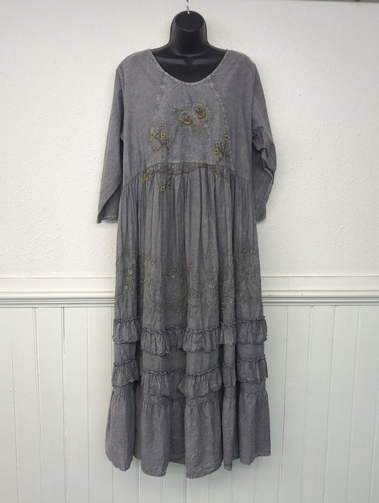 Paper Lace Grey Full Length Dress with Embroidery