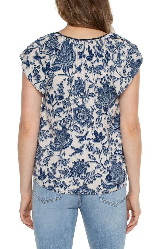 LIVERPOOL PETAL SLEEVE WOVEN TOP WITH FRONT TIE DETAIL