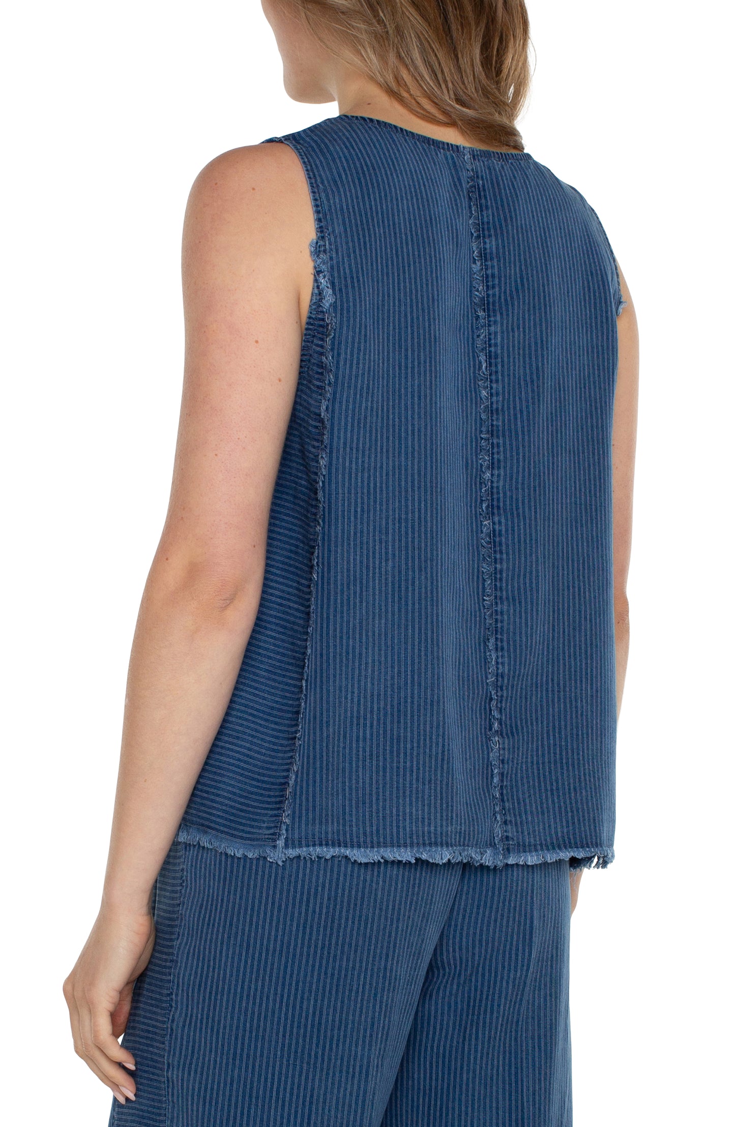 LIVERPOOL SLEEVELESS SCOOP NECK TOP W/FRAY PANEL INSETS
