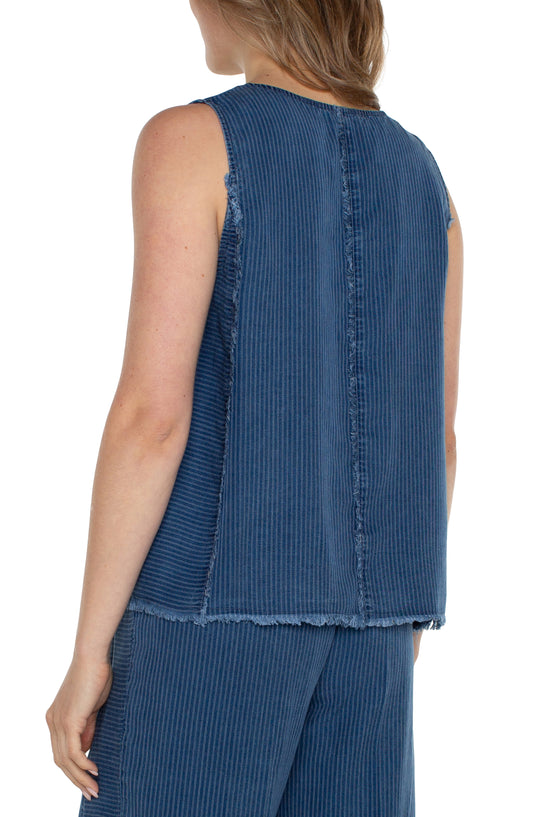 LIVERPOOL SLEEVELESS SCOOP NECK TOP W/FRAY PANEL INSETS
