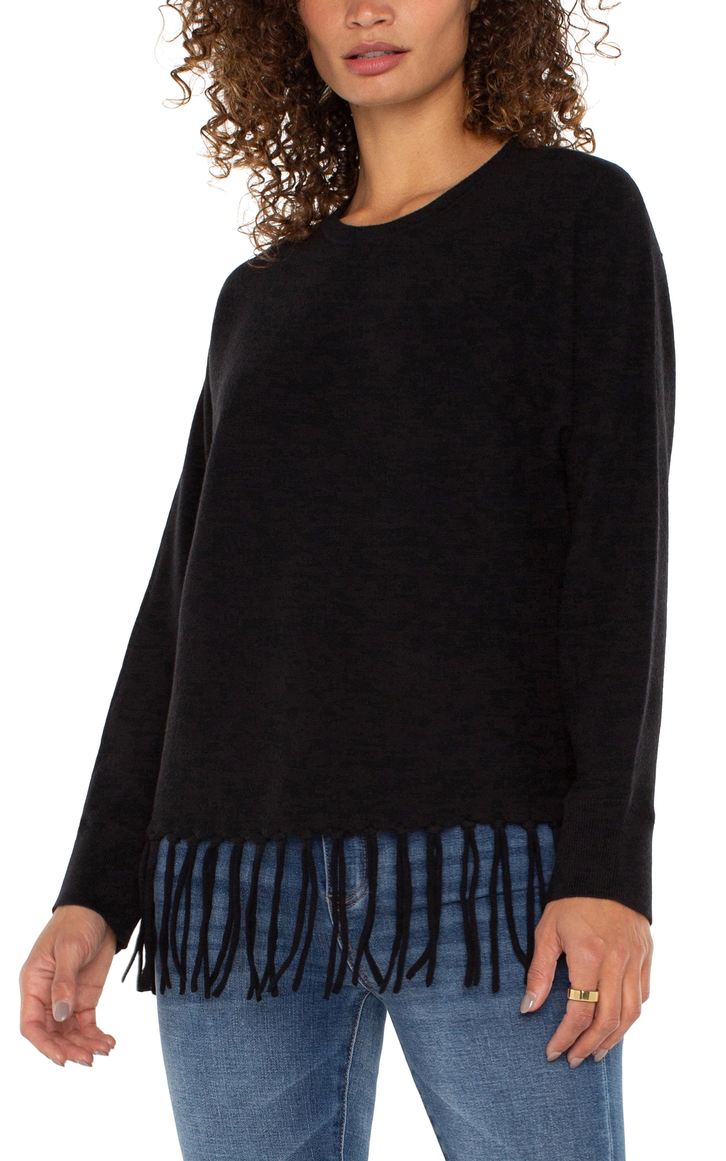 LIVERPOOL LONG SLEEVE SEAMLESS DOLMAN SWEATER WITH FRINGE