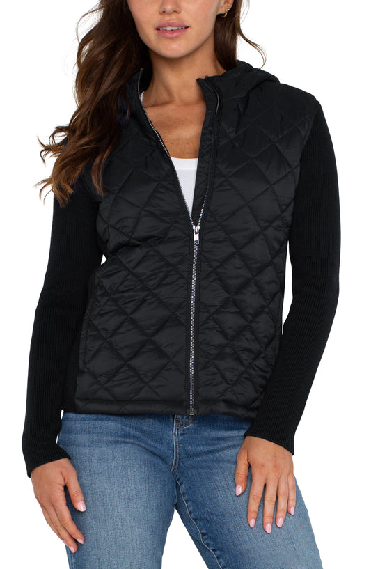 LIVERPOOL LONG SLEEVE QUILTED FRONT FULL ZIP HOODED SWEATER