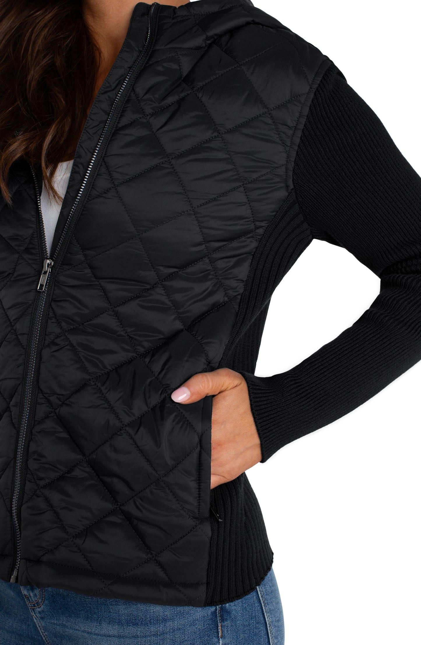 LIVERPOOL LONG SLEEVE QUILTED FRONT FULL ZIP HOODED SWEATER