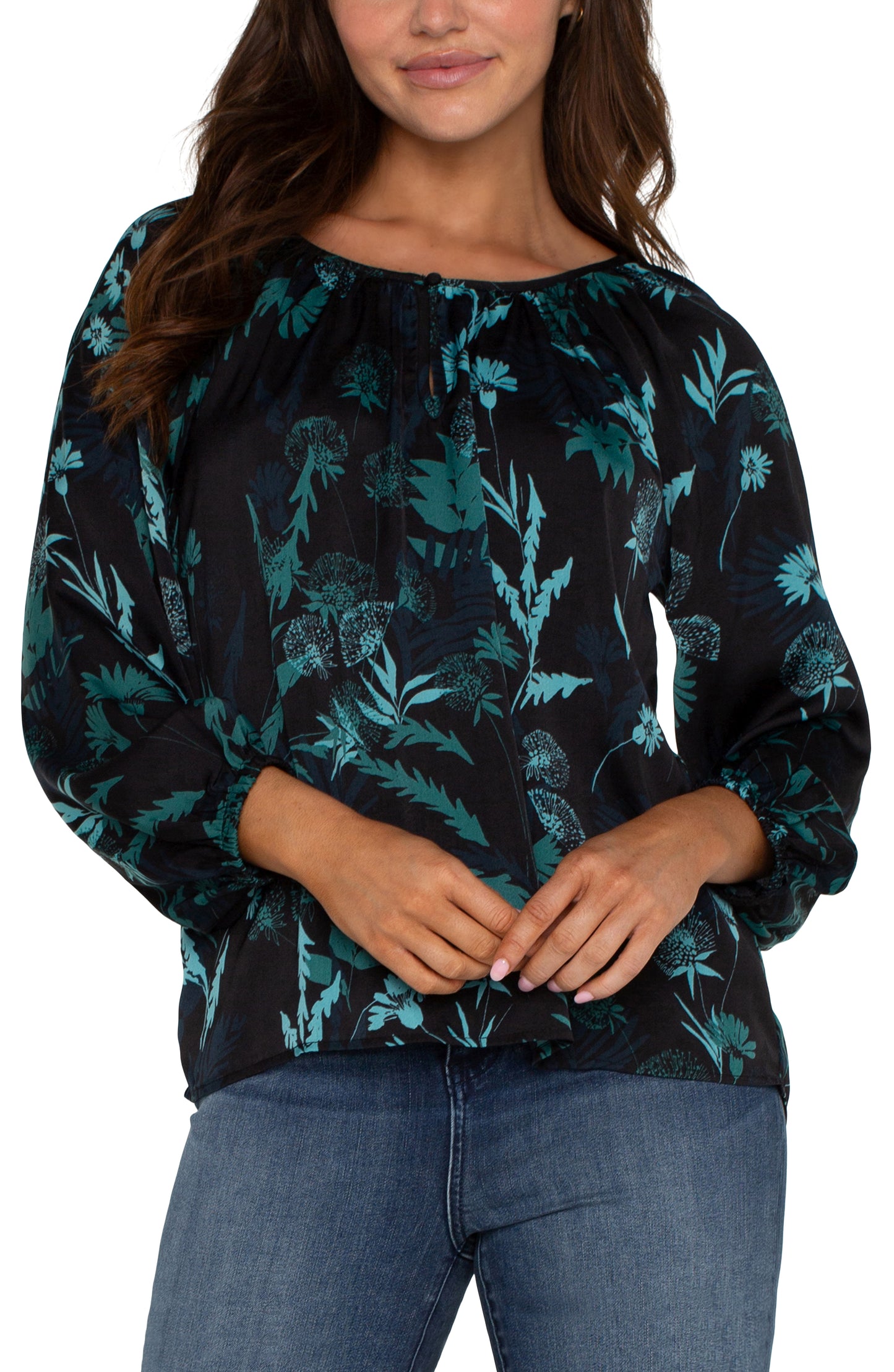 LIVERPOOL LONG SLEEVE SHIRRED WOVEN BLOUSE - PLUS