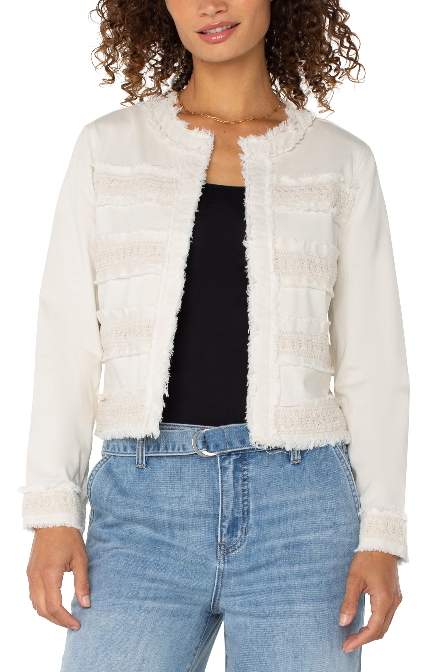 LIVERPOOL COLLARLESS JACKET WITH FRAY & LACE