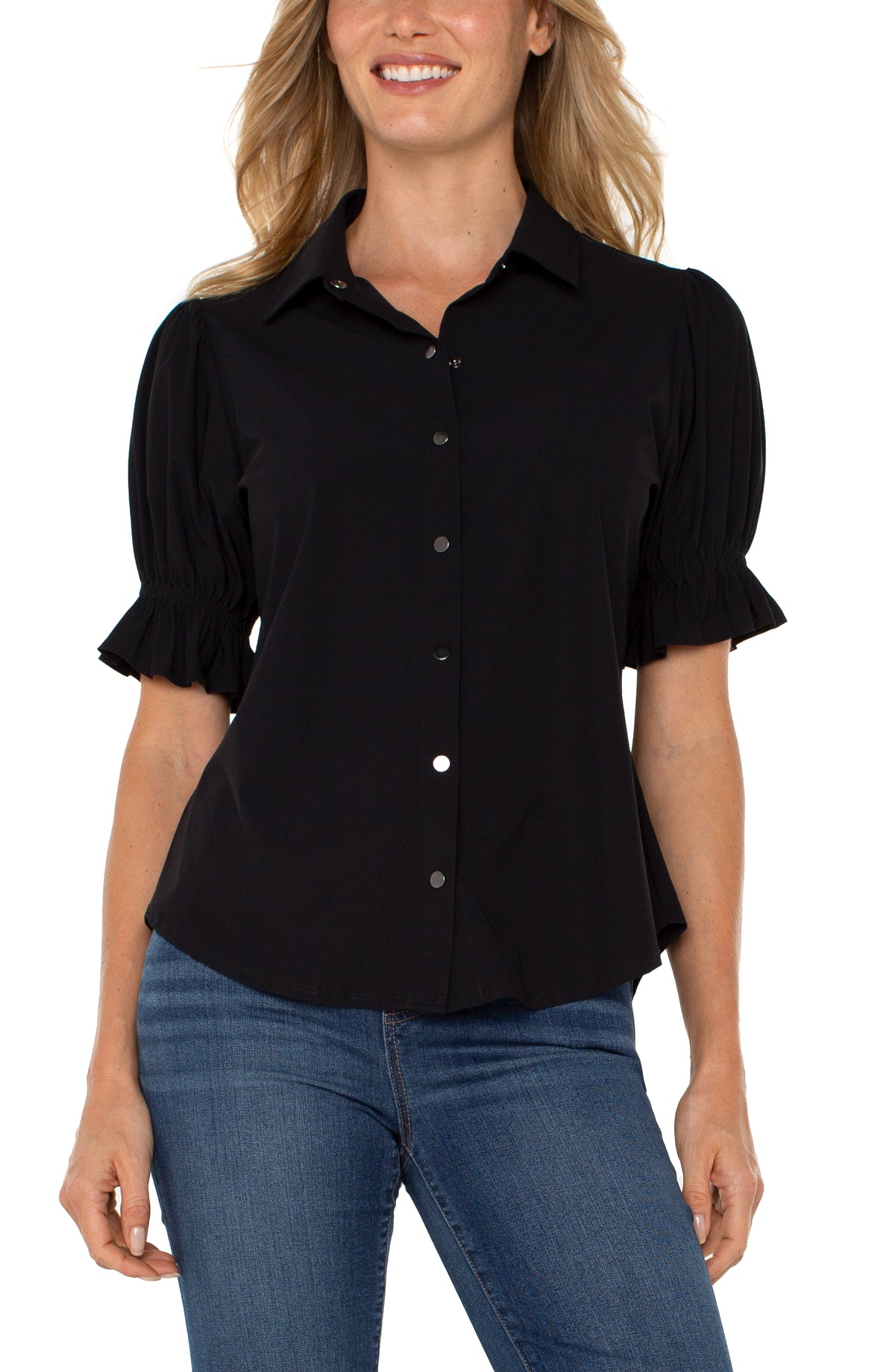 Liverpool Elbow Puff Sleeve Snap Front Knit Shirt