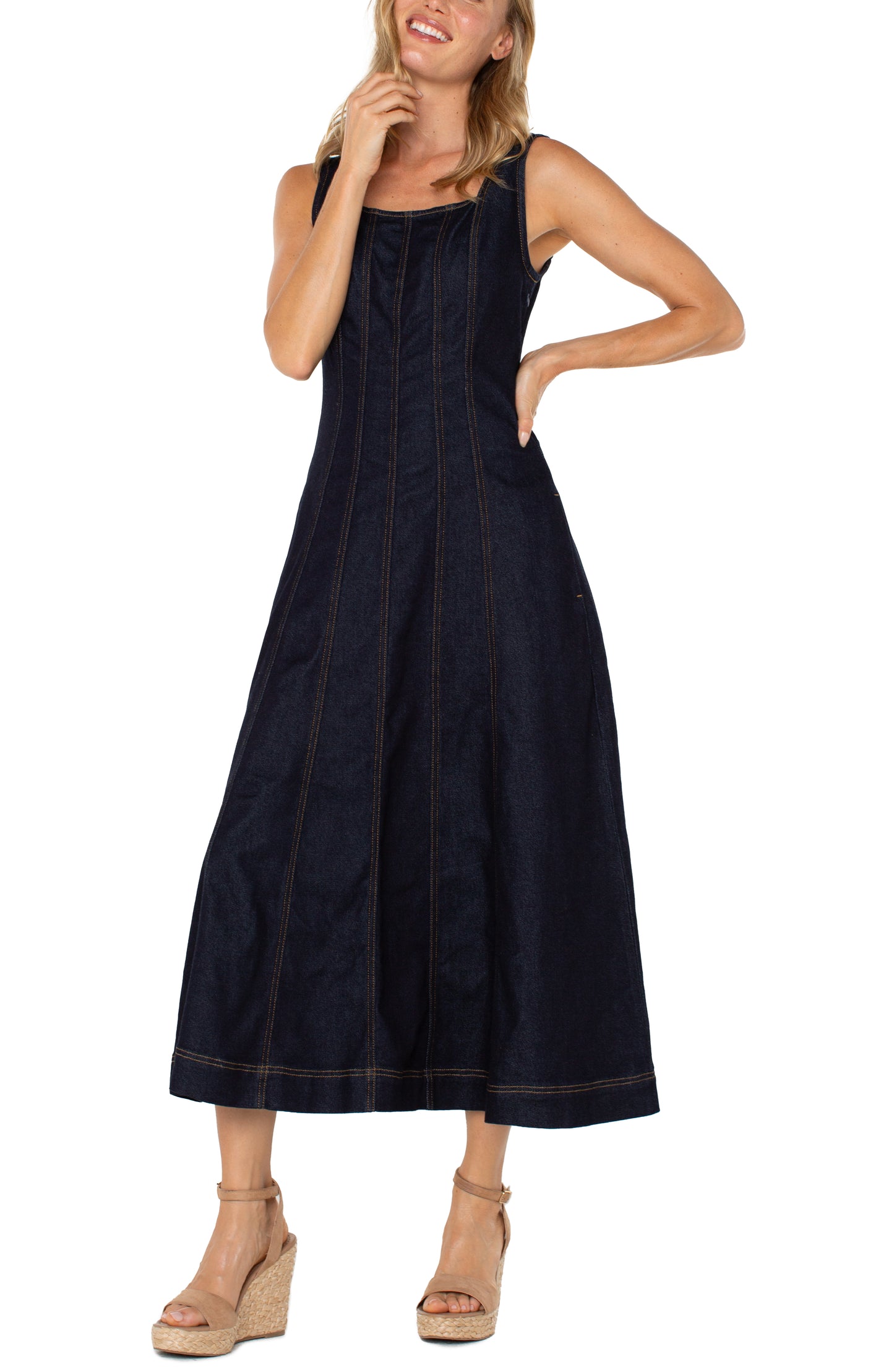 LIVERPOOL SMOCKED BACK FIT AND FLARE MIDI DRESS