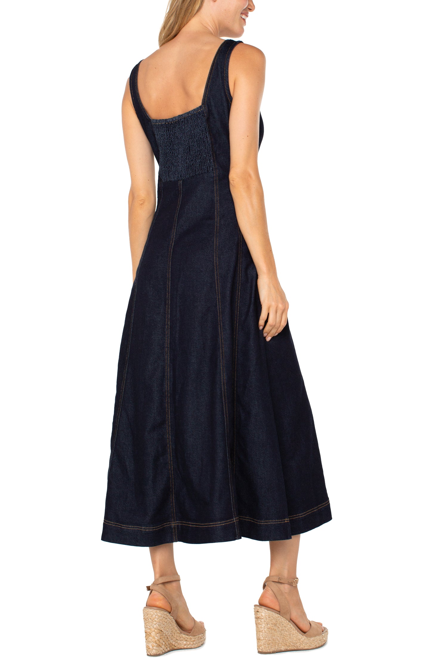 LIVERPOOL SMOCKED BACK FIT AND FLARE MIDI DRESS