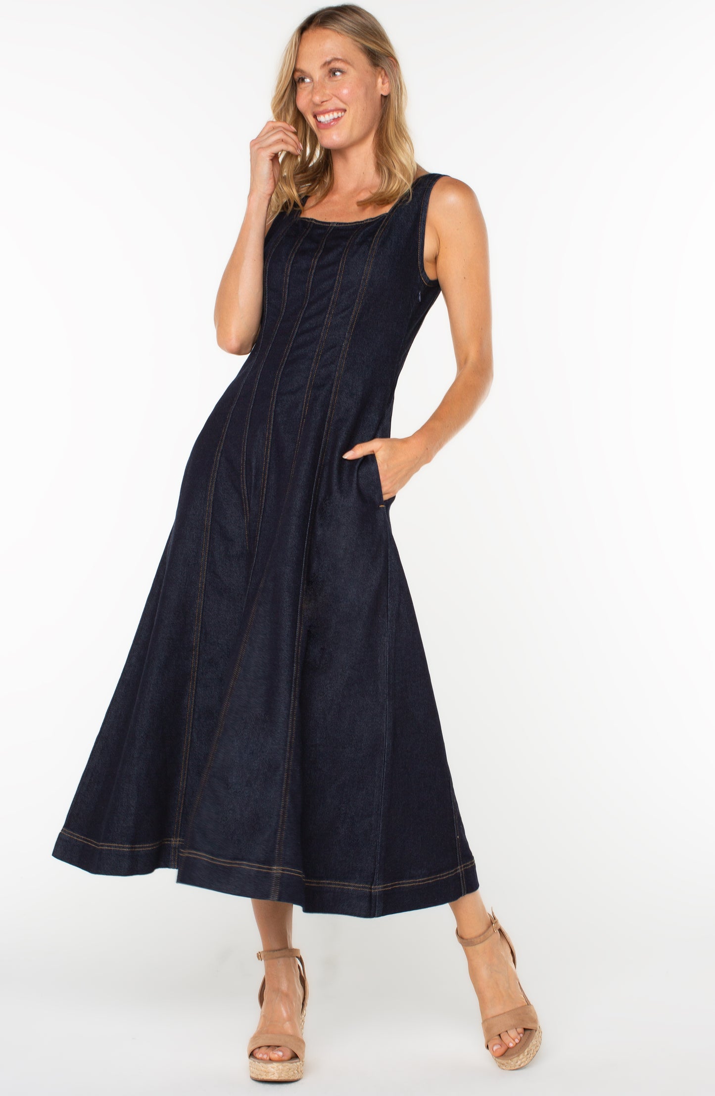 LIVERPOOL SMOCKED BACK FIT AND FLARE MIDI DRESS