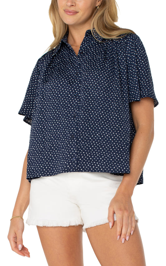 LIVERPOOL 1/2 SLEEVE BUTTON FRONT SHIRRED WOVEN BLOUSE