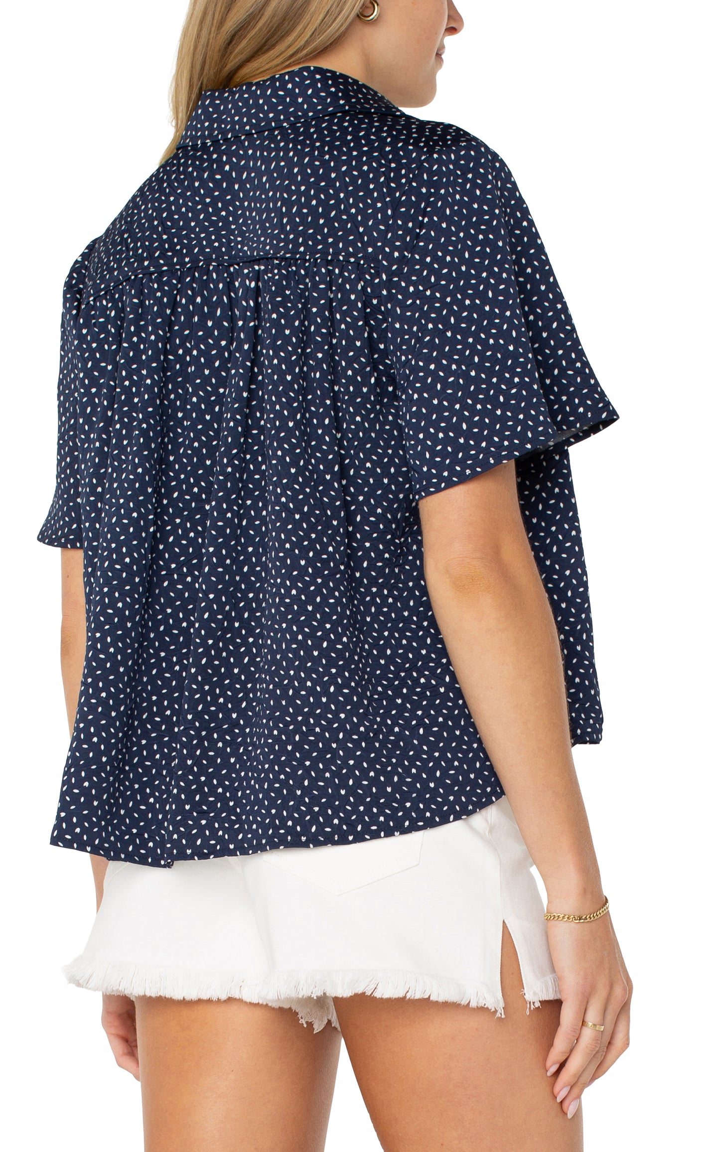 LIVERPOOL 1/2 SLEEVE BUTTON FRONT SHIRRED WOVEN BLOUSE