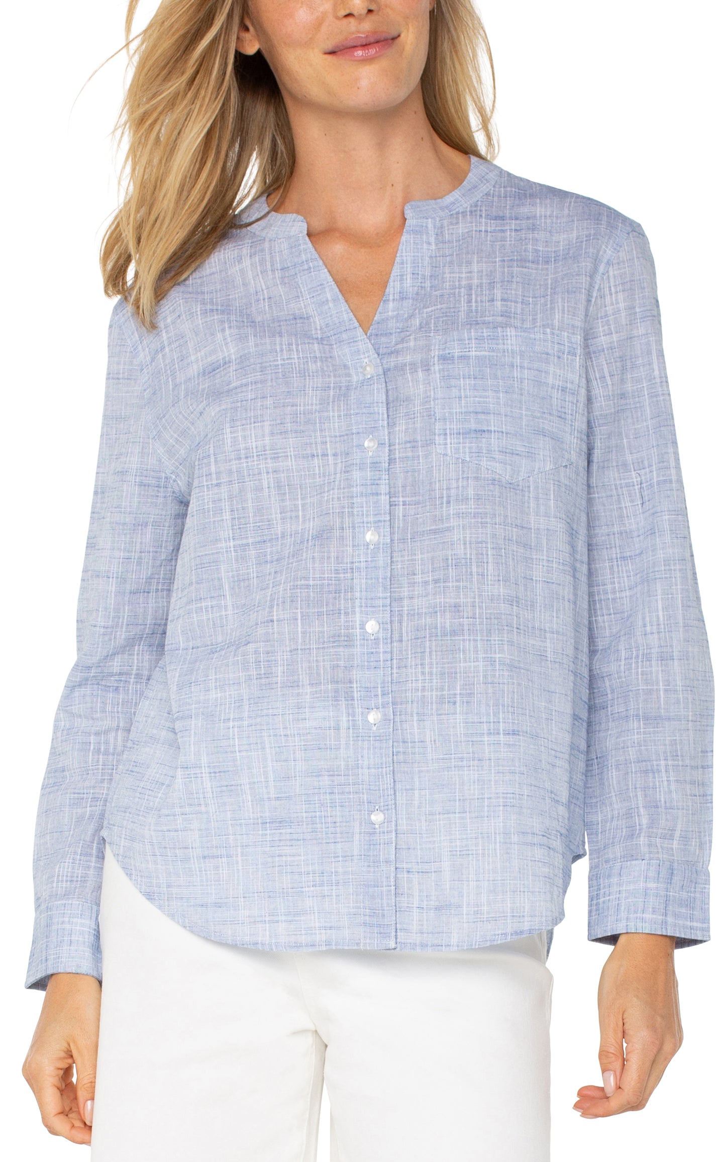 LIVERPOOL LONG SLEEVE BUTTON FRONT WOVEN SHIRT WITH BANDED COLLAR