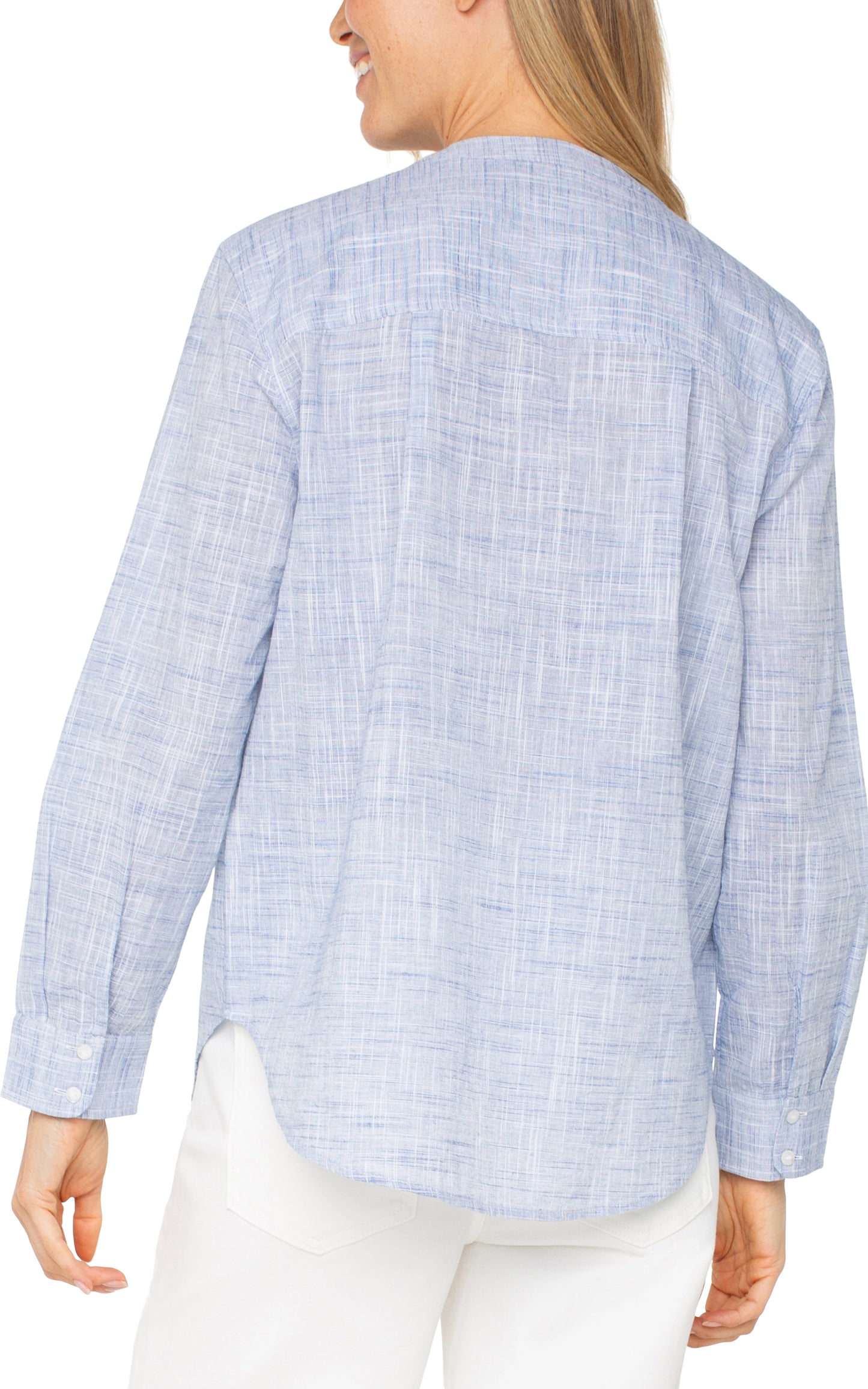 LIVERPOOL LONG SLEEVE BUTTON FRONT WOVEN SHIRT WITH BANDED COLLAR