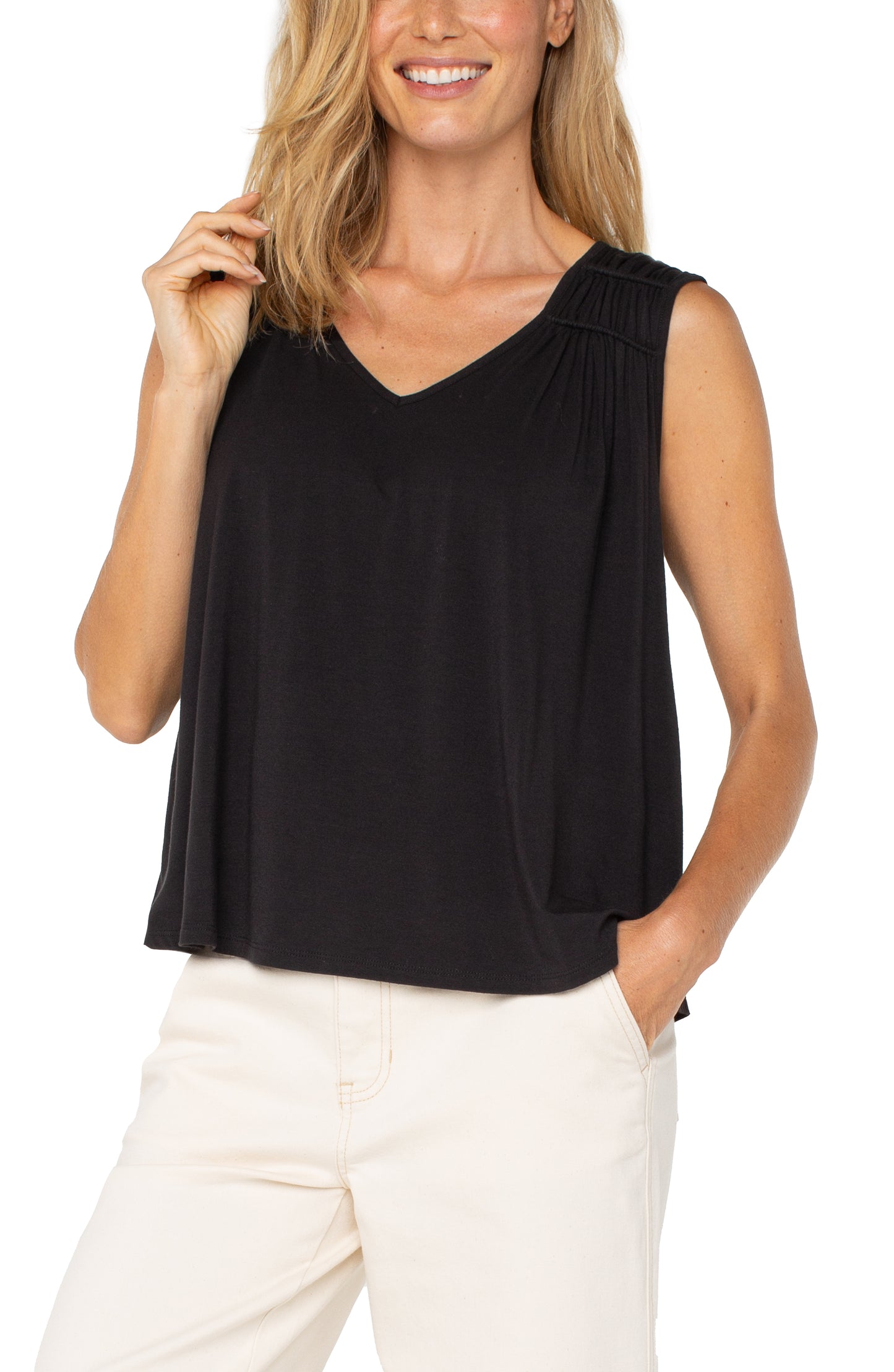 LIVERPOOL SLEEVELESS SHIRRED DETAIL KNIT TOP