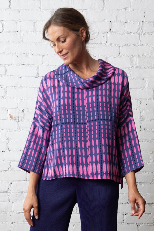 OLIVIA CREPE GEORGETTE GRID CITY COWL PULLOVER