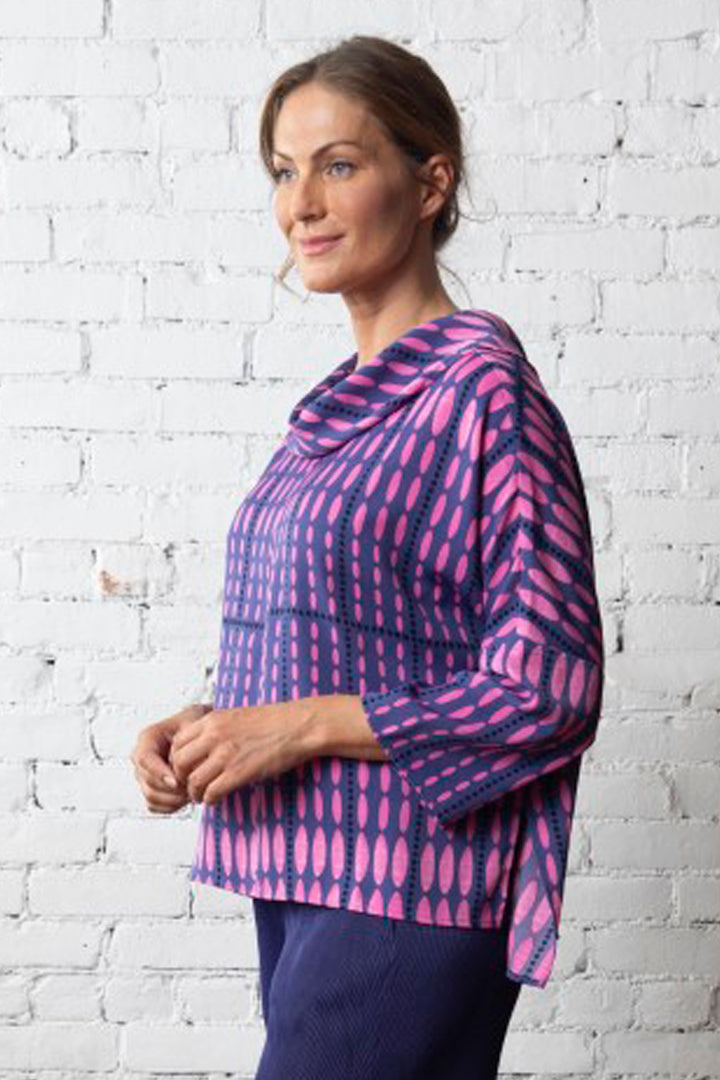 OLIVIA CREPE GEORGETTE GRID CITY COWL PULLOVER