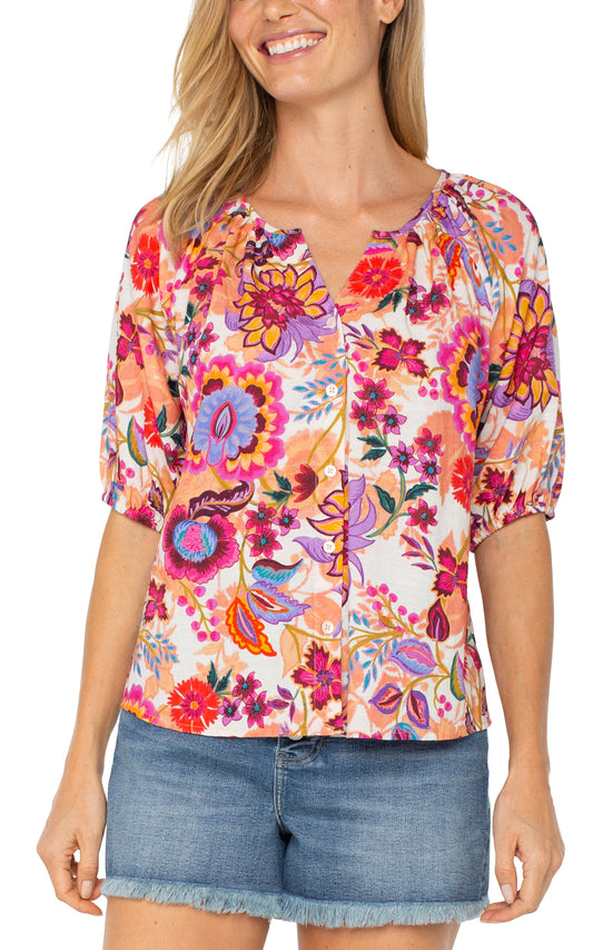 SHORT SLEEVE BUTTON FRONT SHIRRED WOVEN BLOUSE