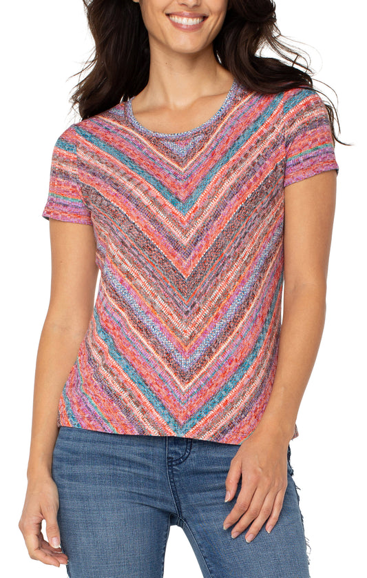 SHORT SLEEVE SCOOP NECK KNIT TOP WITH MITER FRONT