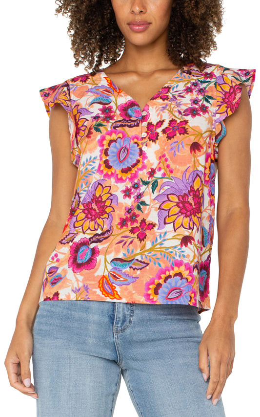 FLUTTER SLEEVE BUTTON FRONT WOVEN BLOUSE
