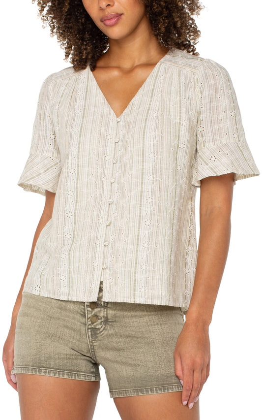 LIVERPOOL ELBOW SLEEVE CROSSOVER WOVEN TOP WITH PEPLUM