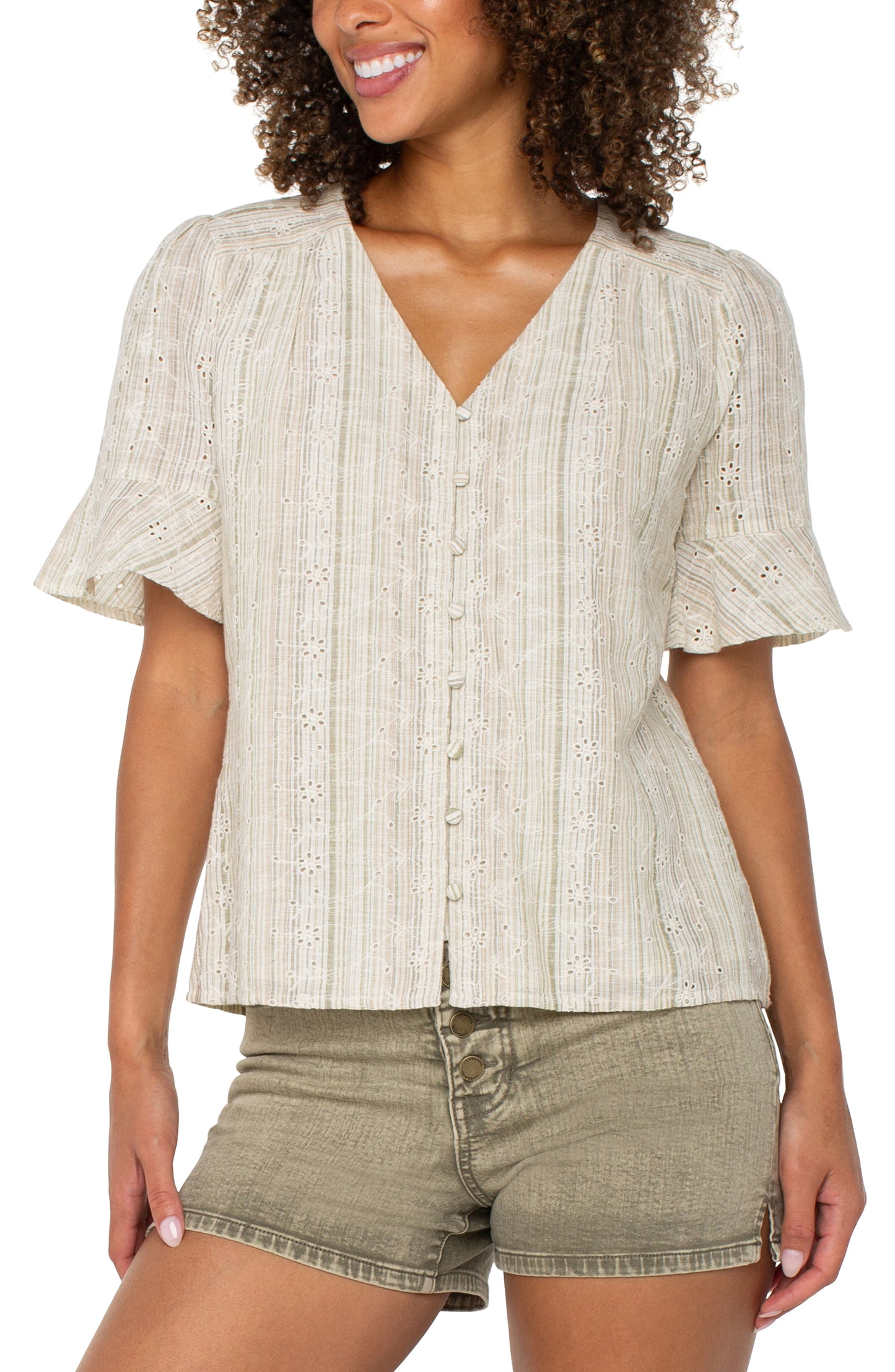 LIVERPOOL ELBOW SLEEVE CROSSOVER WOVEN TOP WITH PEPLUM