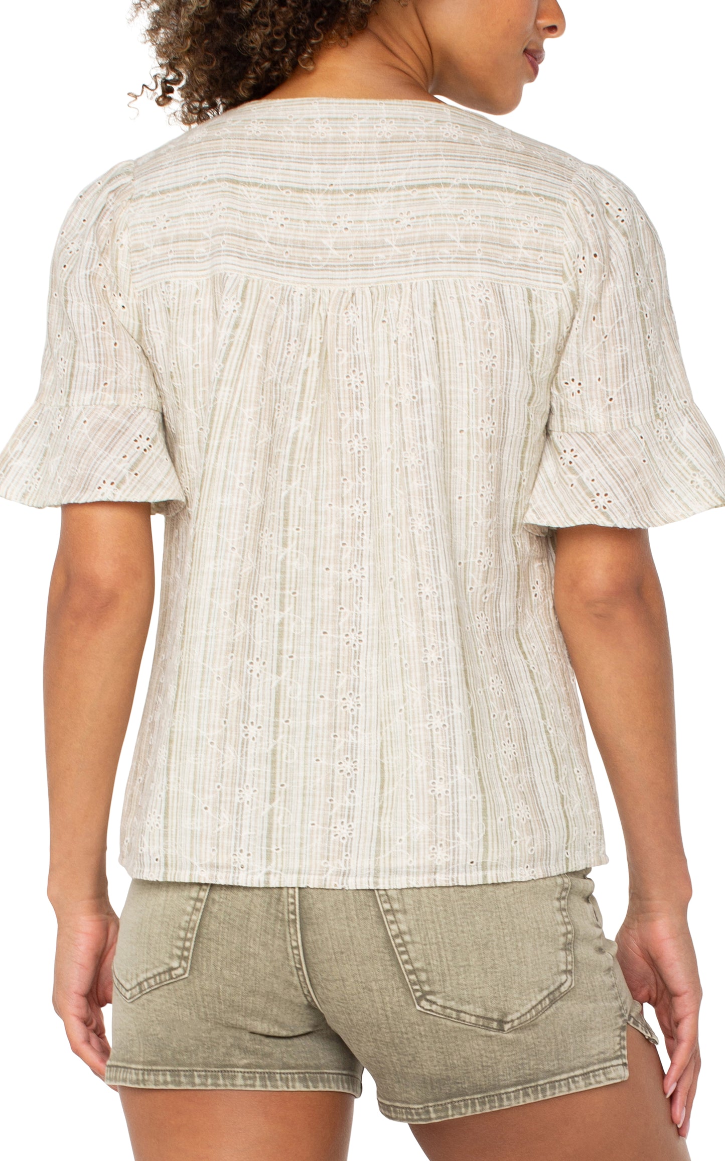 LIVERPOOL ELBOW SLEEVE CROSSOVER WOVEN TOP WITH PEPLUM