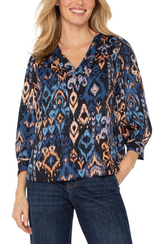 LIVERPOOL 3/4 LENGTH SLEEVE V-NECK POPOVER WOVEN BLOUSE