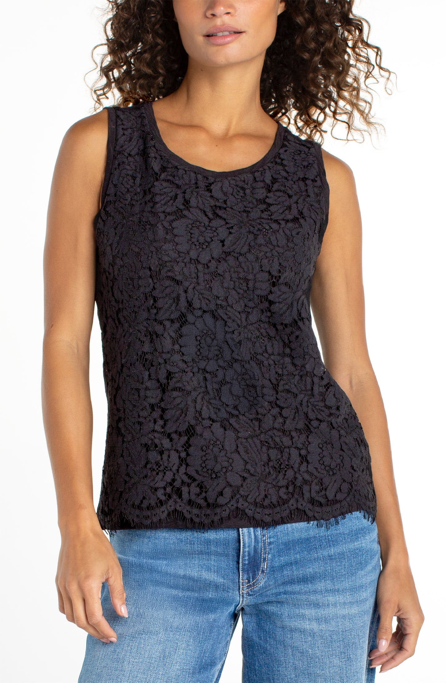 LIVERPOOL SLEEVELESS LACE-TO-KNIT HYBRID TOP