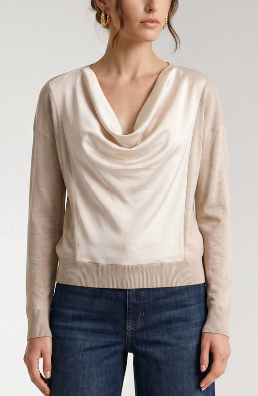 Liverpool Long Sleeve Drape Neck Woven Sweater Hybrid