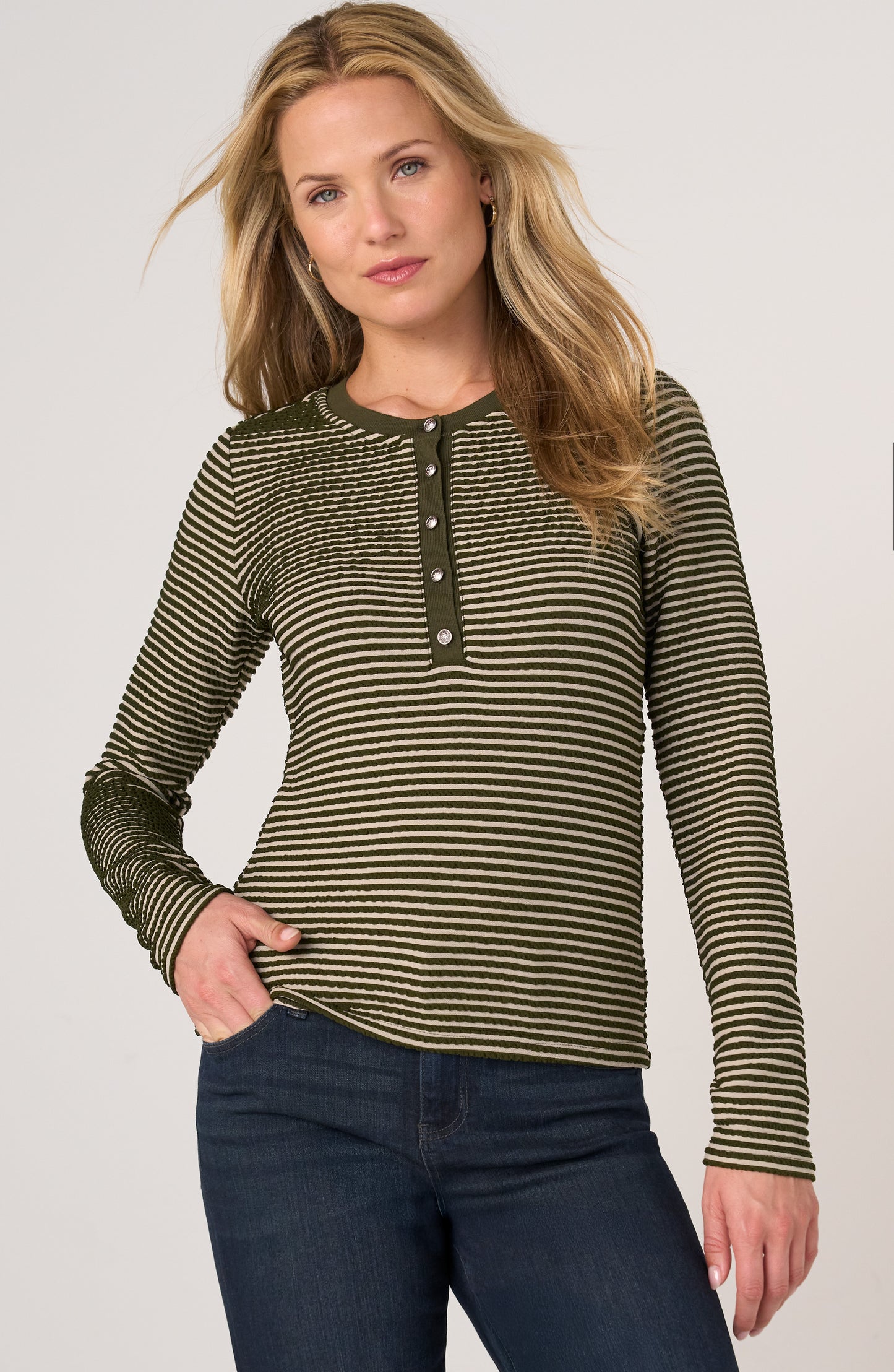 Liverpool Long Sleeve Knit Henley Top with Sweater Trim