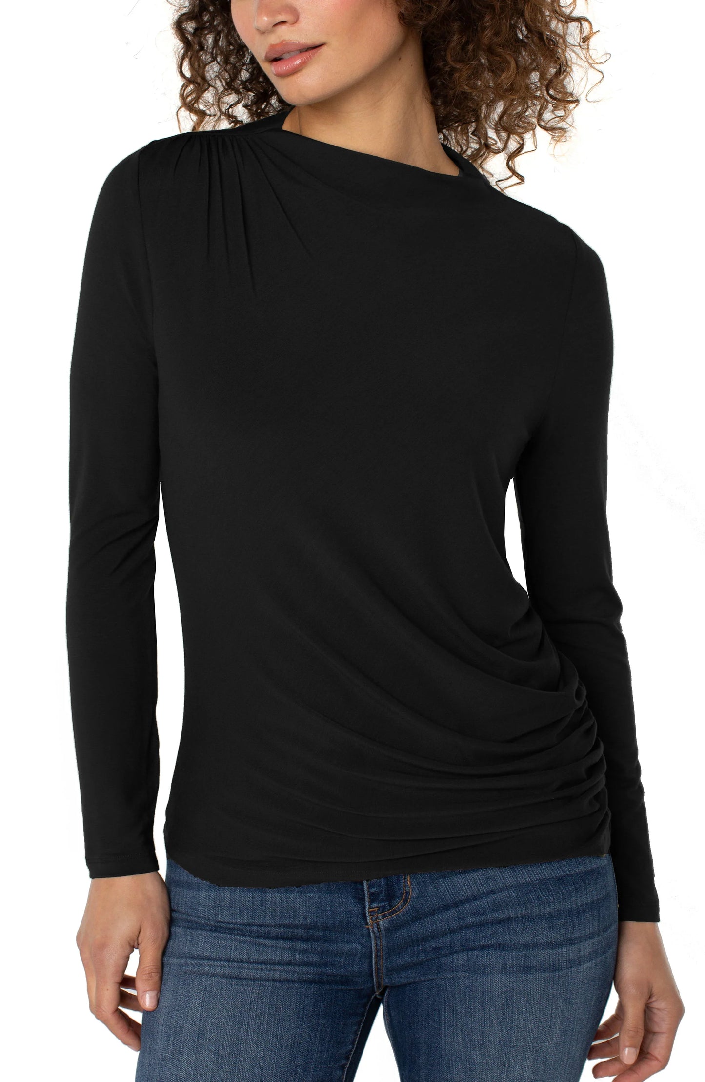 Long Sleeve Mock Neck Knit Top w/ Shirring