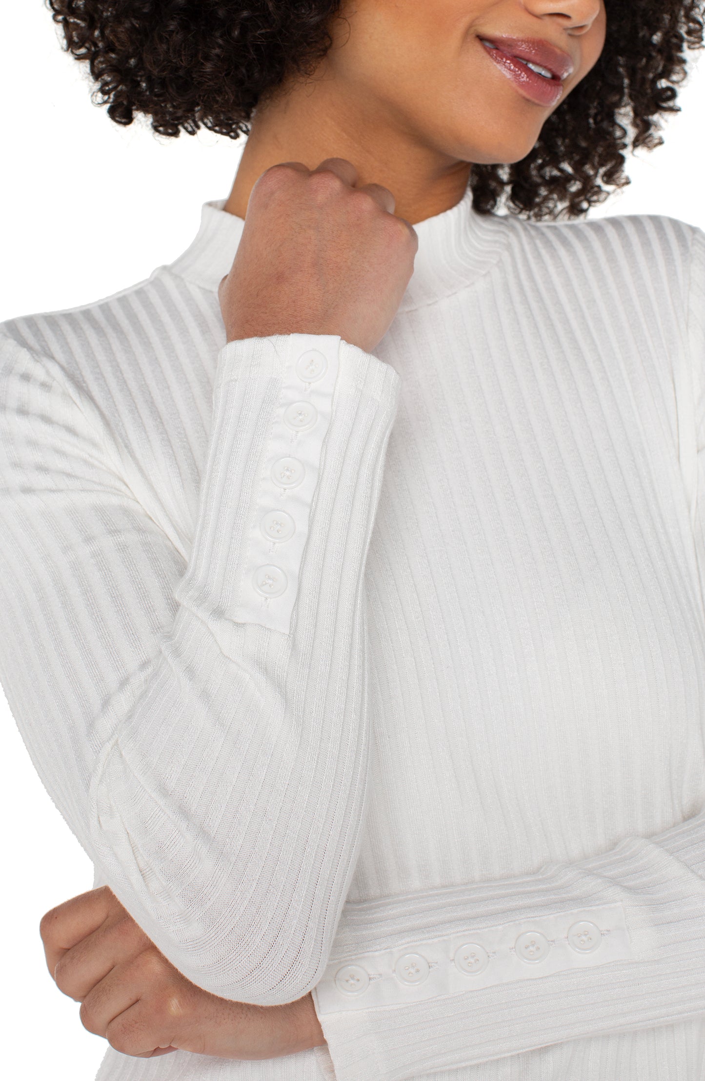 LIVERPOOL LONG SLEEVE MOCK NECK KNIT TOP WITH BUTTON DETAIL