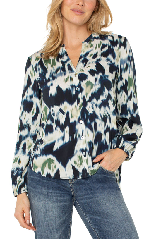 LIVERPOOL LONG SLEEVE BUTTON FRONT SHIRRED WOVEN BLOUSE