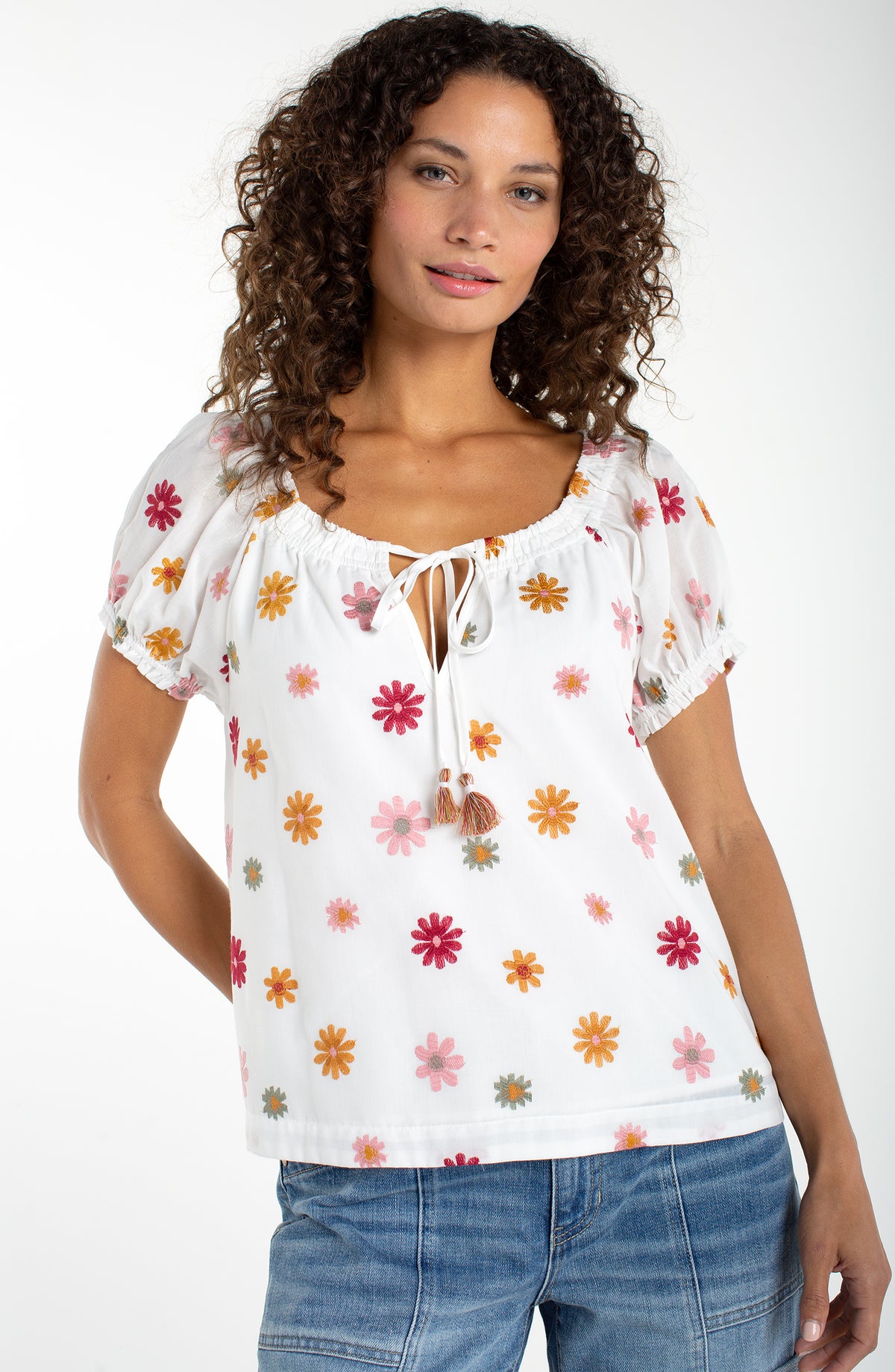 Liverpool Short Sleeve Tie Neck Woven Top