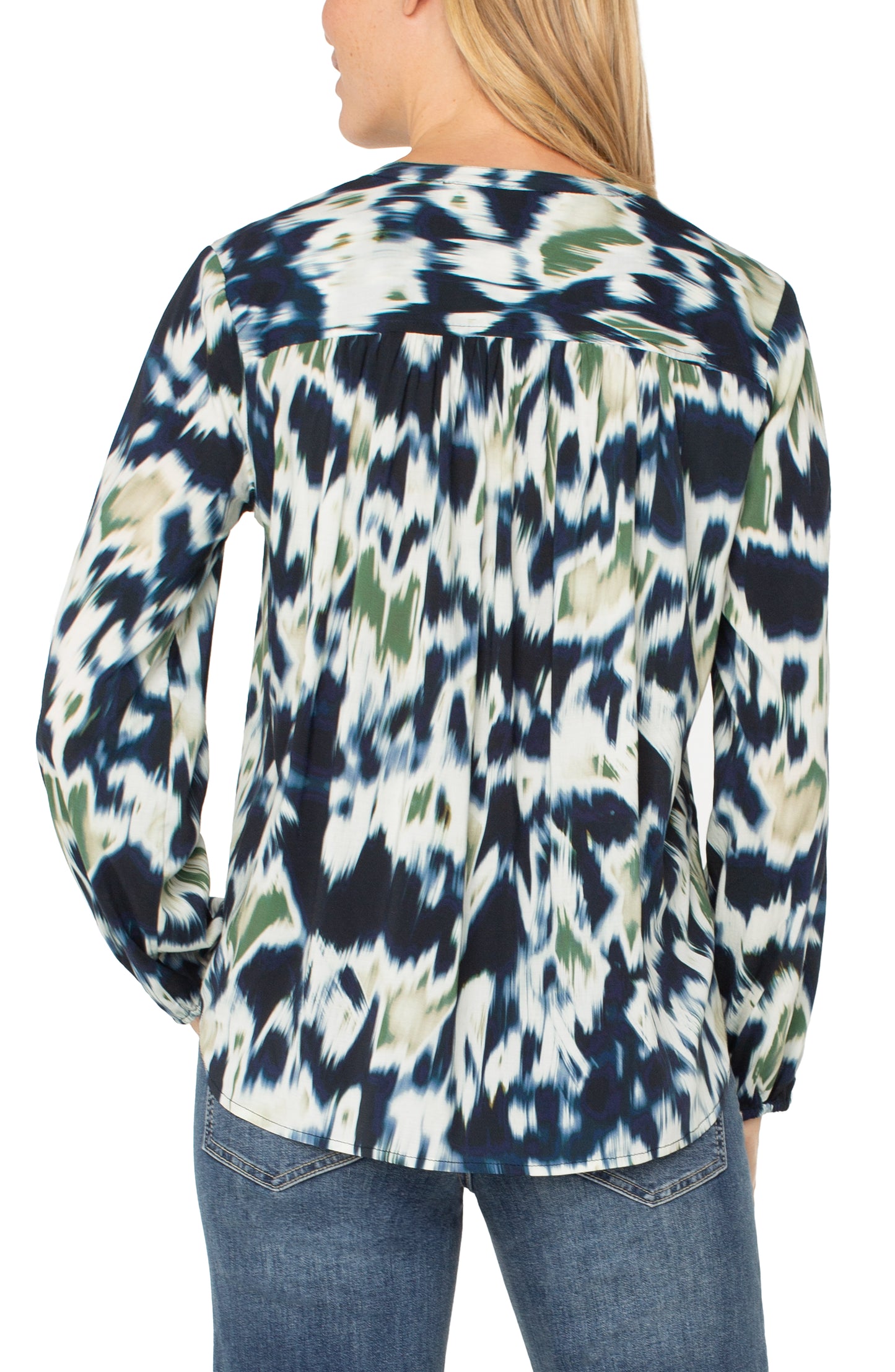 LIVERPOOL LONG SLEEVE BUTTON FRONT SHIRRED WOVEN BLOUSE