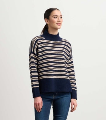 HATLEY MOCK NECK SWETER - NAVY AND CAMEL STRIPE