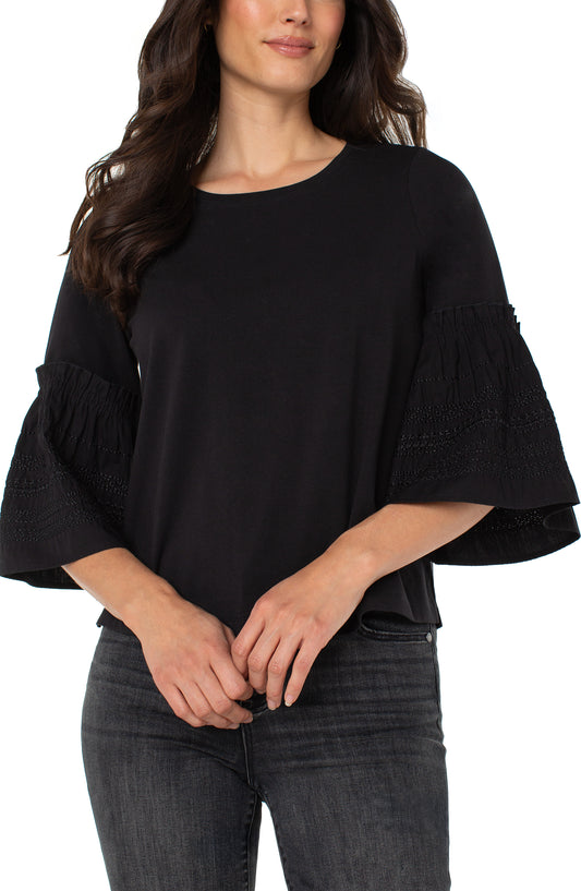 LIVERPOOL 3/4 SLEEVE EMBROIDERED KNIT TO WOVEN TOP