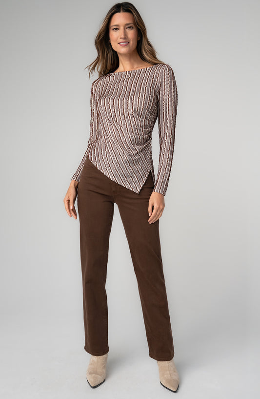 Liverpool Long Sleeve Boat Neck Asymmetrical Hem Knit Top with Pleat