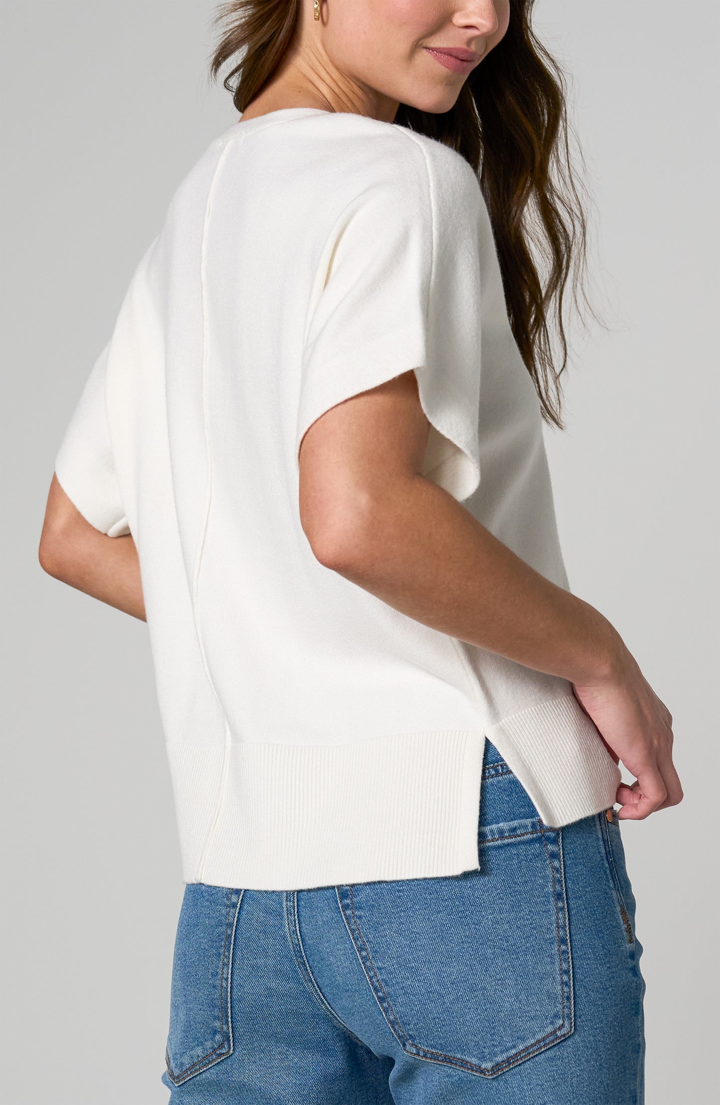 Liverpool Short Sleeve V Neck Dolman Popover Sweater with Step