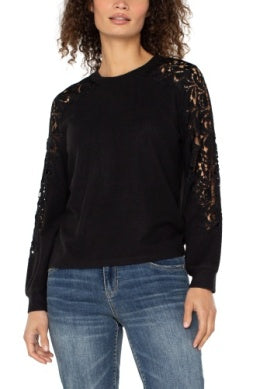 LIVERPOOL LONG SLEEVE CREW NECK LACE INSET KNIT TOP