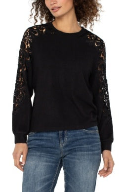 LIVERPOOL LONG SLEEVE CREW NECK LACE INSET KNIT TOP
