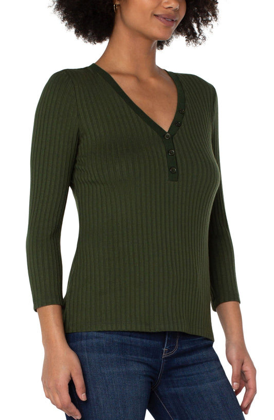 LIVERPOOL 3/4 SLEEVE RIB KNIT HENLEY TOP