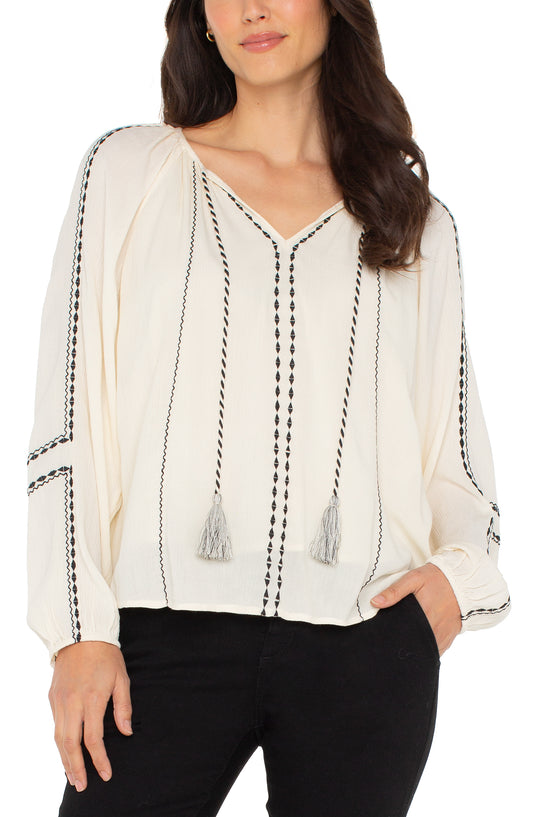 LIVERPOOL LONG SLEEVE WOVEN RAGLAN BLOUSE WITH EMBROIDERY