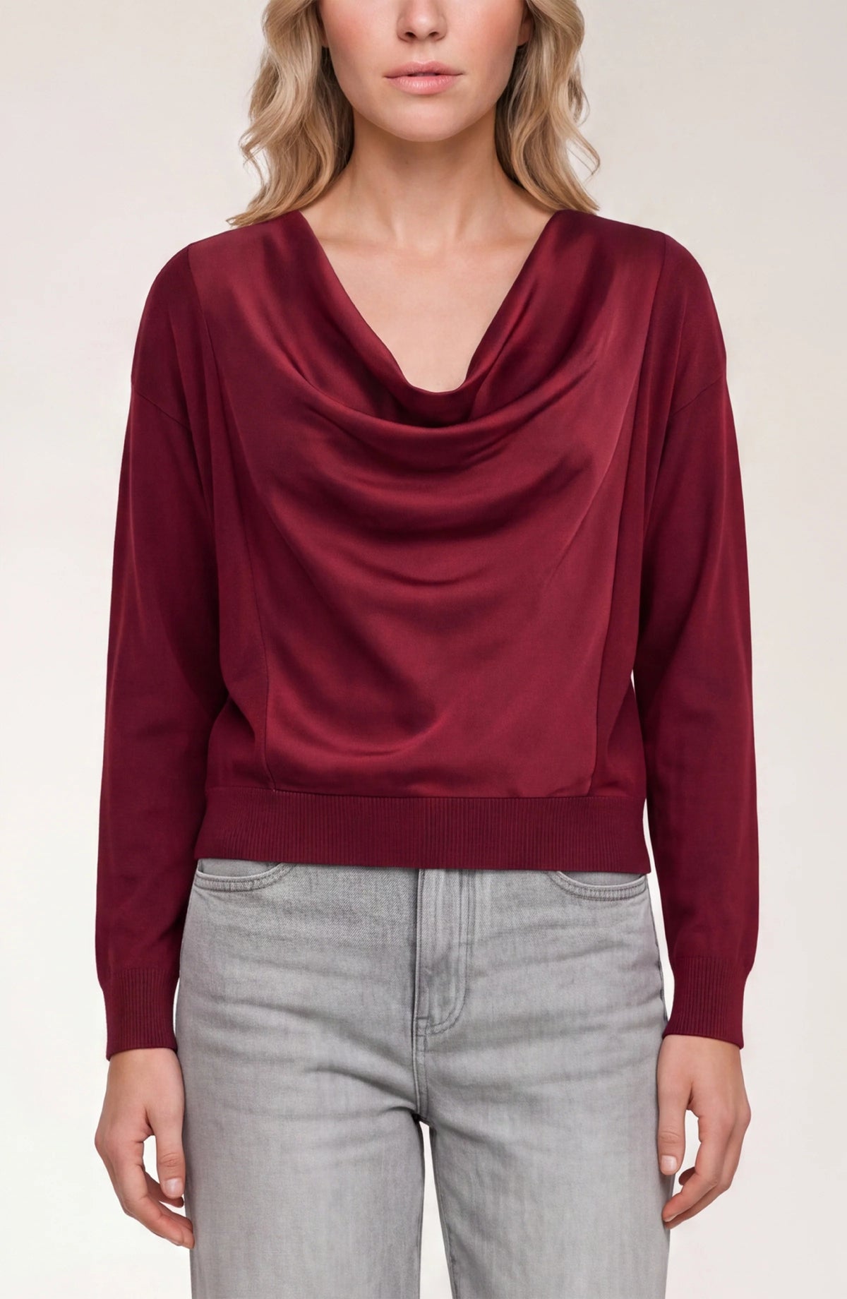 Liverpool Long Sleeve Drape Neck Woven Sweater Hybrid