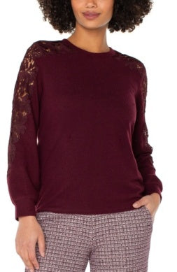 LIVERPOOL LONG SLEEVE CREW NECK LACE INSET KNIT TOP