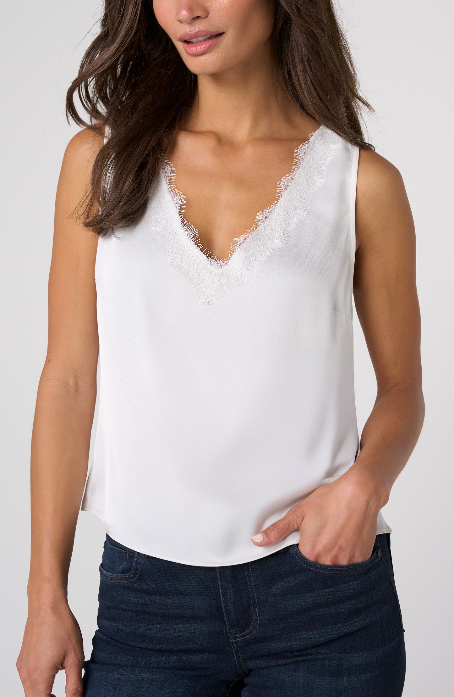 Liverpool V-Neck Woven Tank with Lace Trim